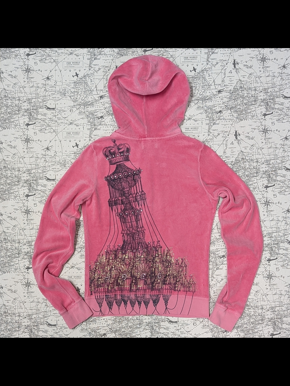 RARE Vintage Y2K Juicy Couture Pink Velour Chandelier Rhinestone Hoodie Small - Picture 6 of 7